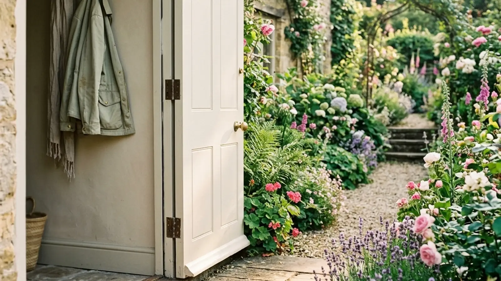 A front door standing open onto a bright garden, sunlight spilling across the doorstep.