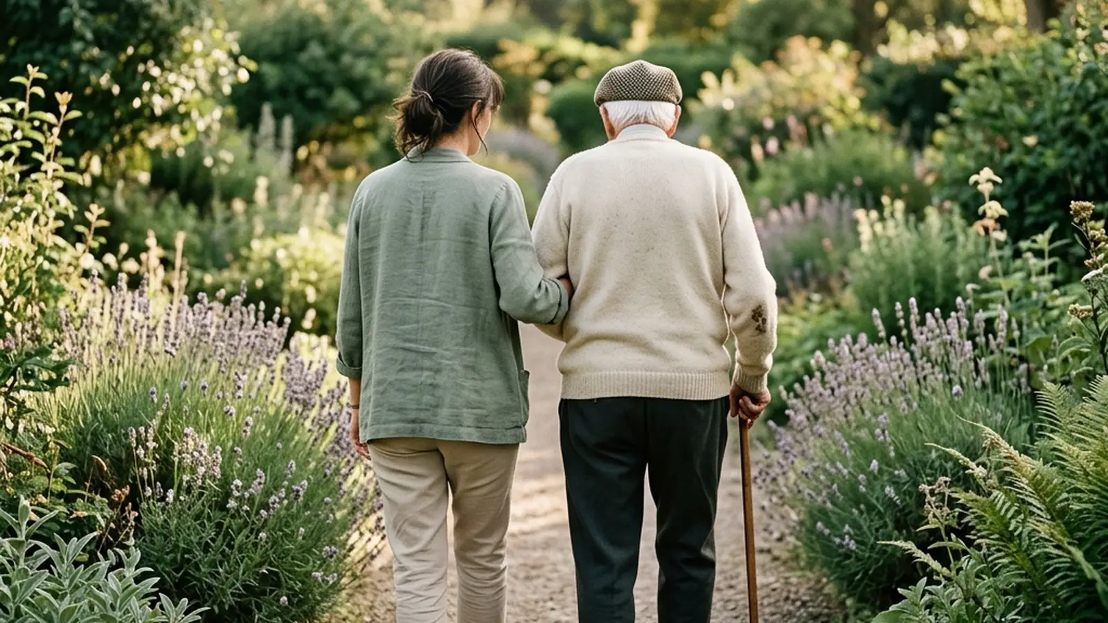 Two people walking slowly together along a garden path, seen from behind, one holding the other's arm.