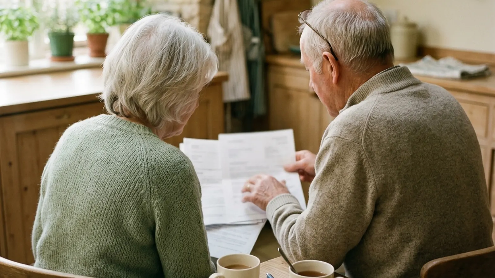 An older couple at their kitchen table reviewing papers together, photographed over the shoulder in morning light.