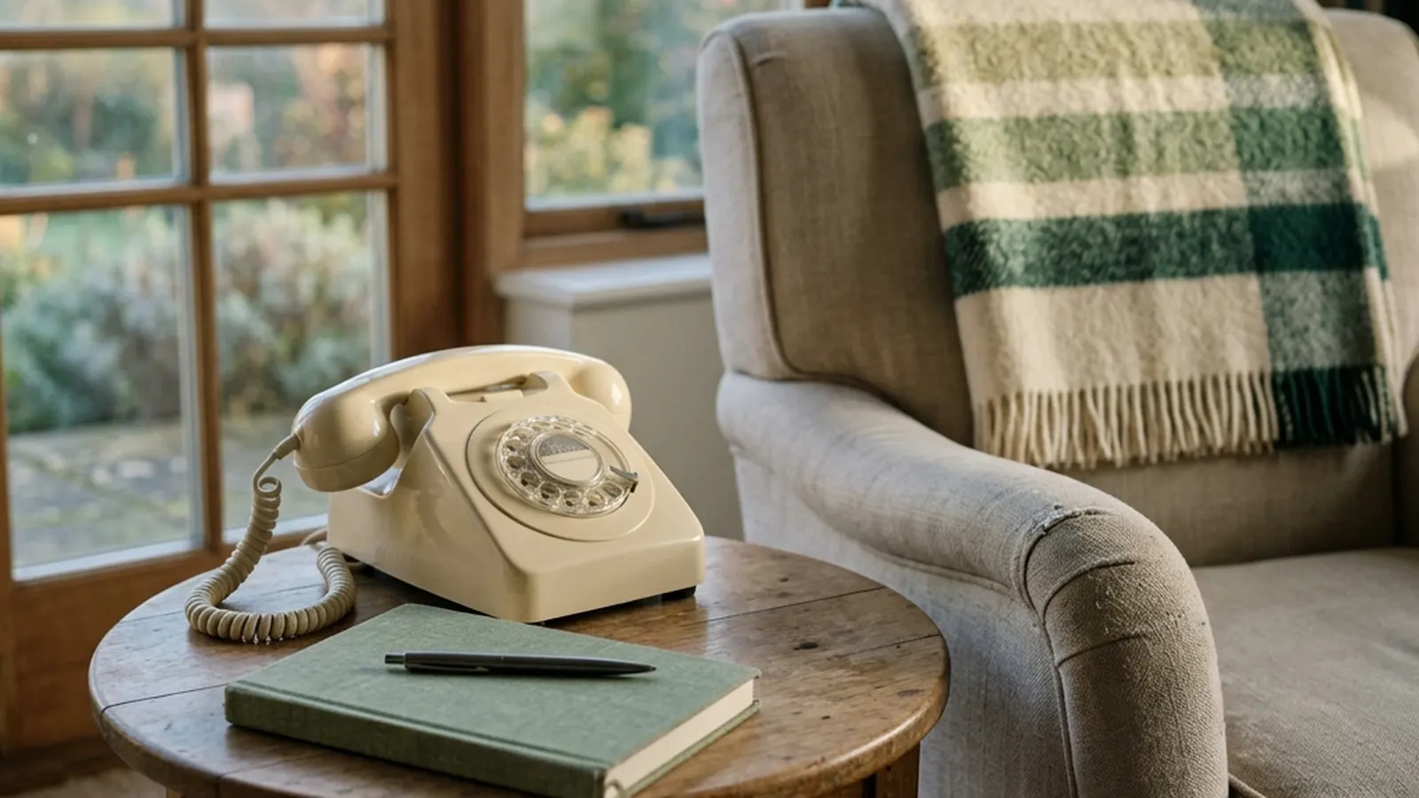 Early morning light through a living room window onto a side table with a telephone and a closed notebook.