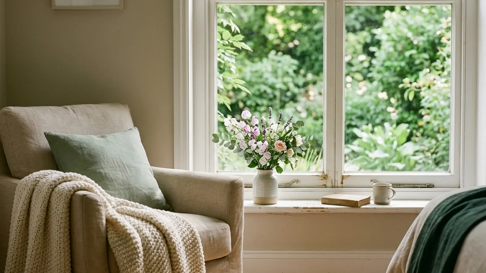 A cozy bedroom corner with an armchair, knitted blanket and a garden view through the window.