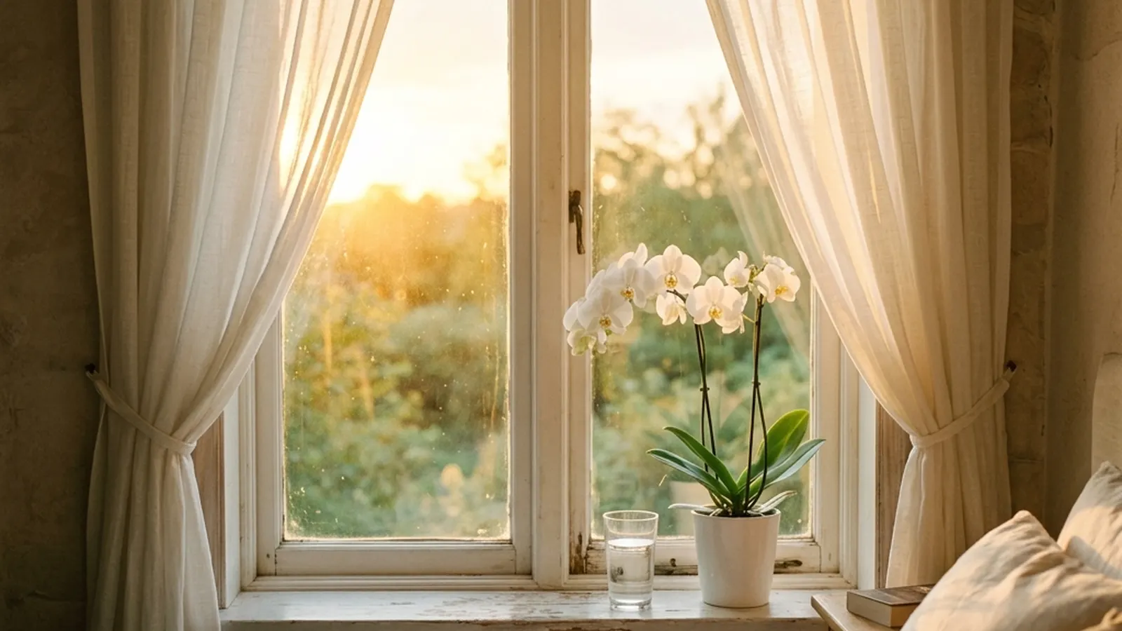 Morning sun rising through a bedroom window with a potted orchid on the sill.