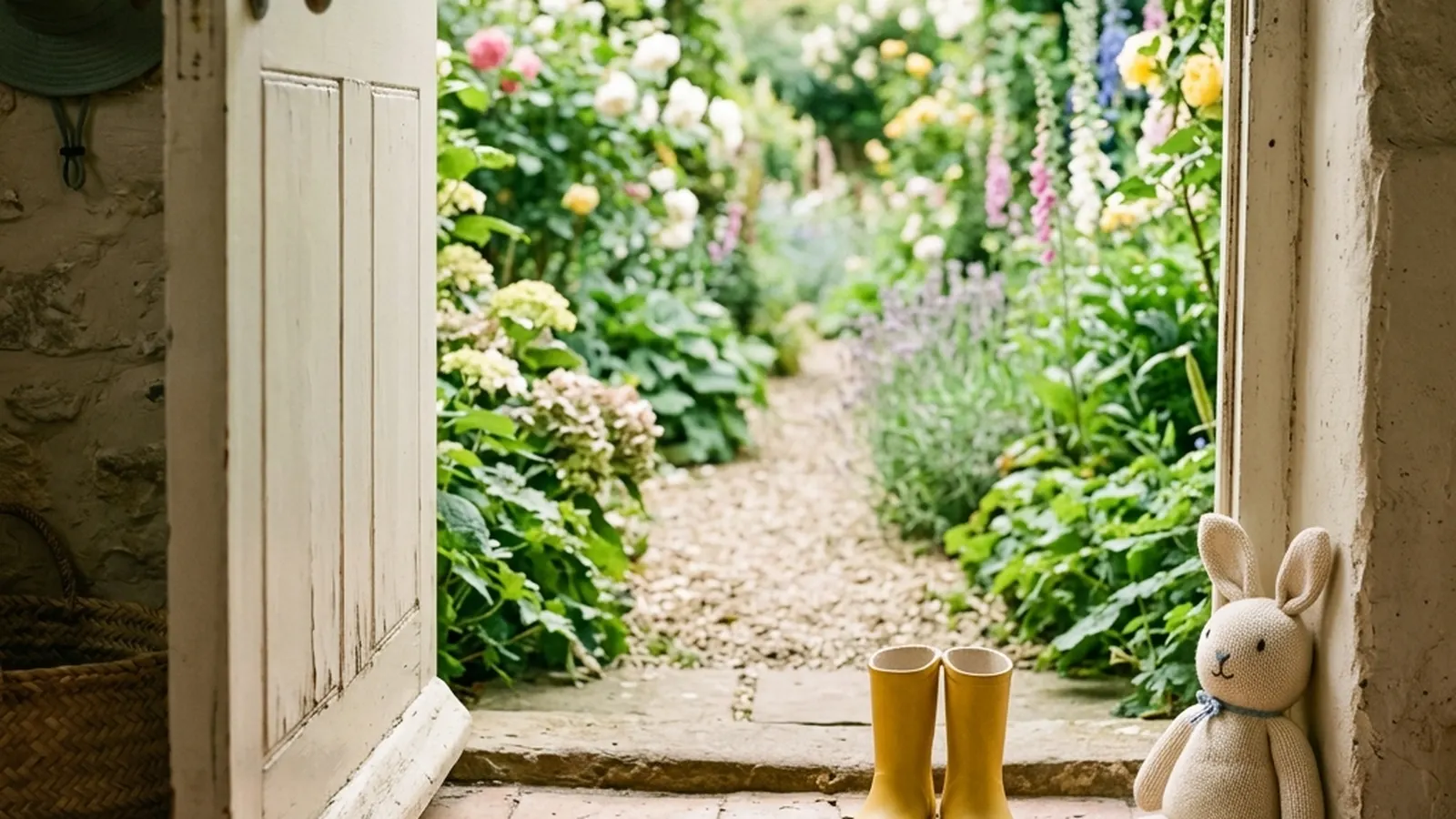 A pair of small yellow wellington boots beside an open garden door in warm light.