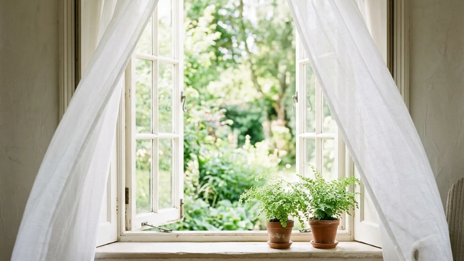 An open window with sheer curtains moving gently in a morning breeze, plants on the sill.