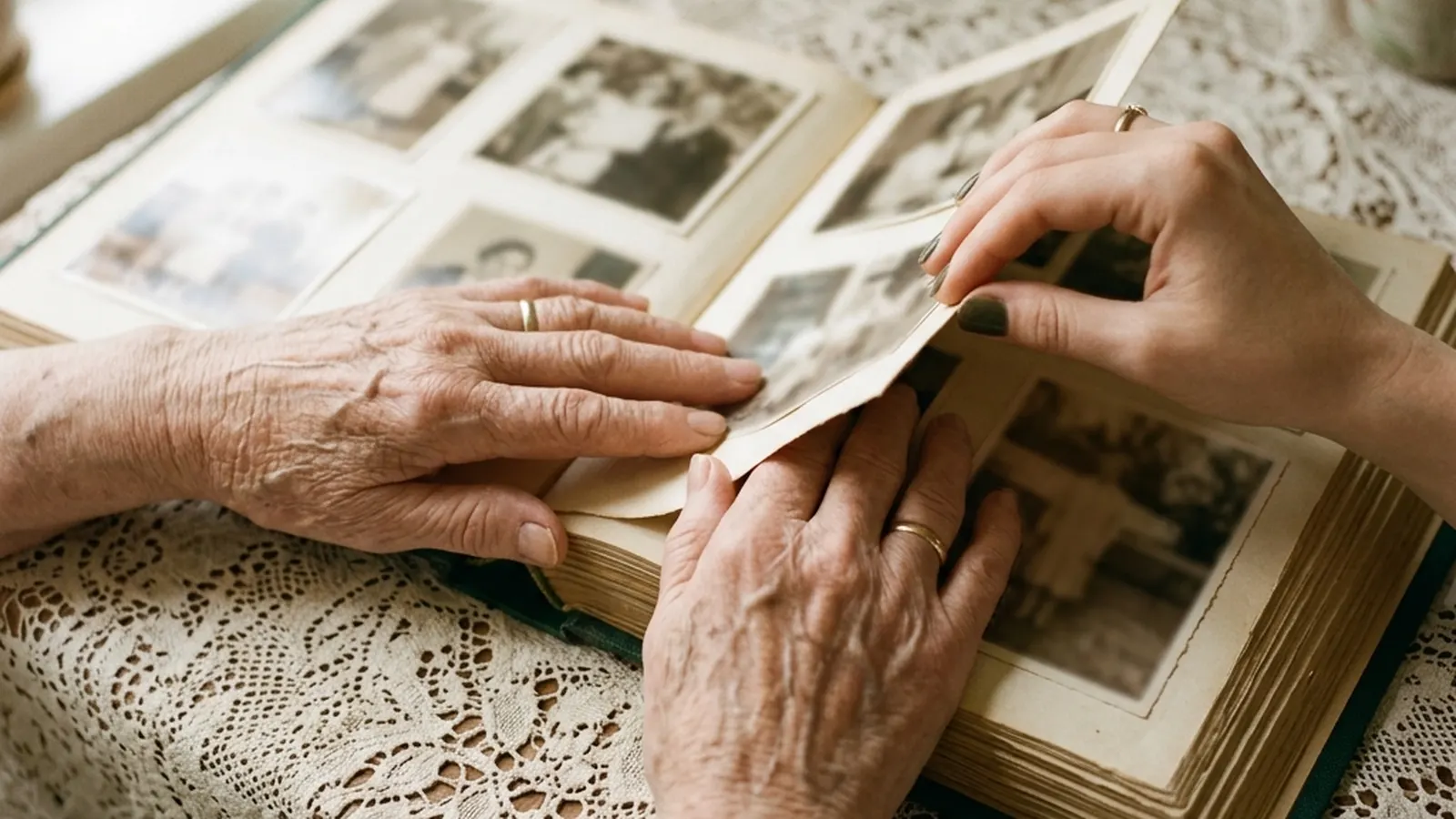 Elderly hands and younger hands holding an open photo album together in warm window light.