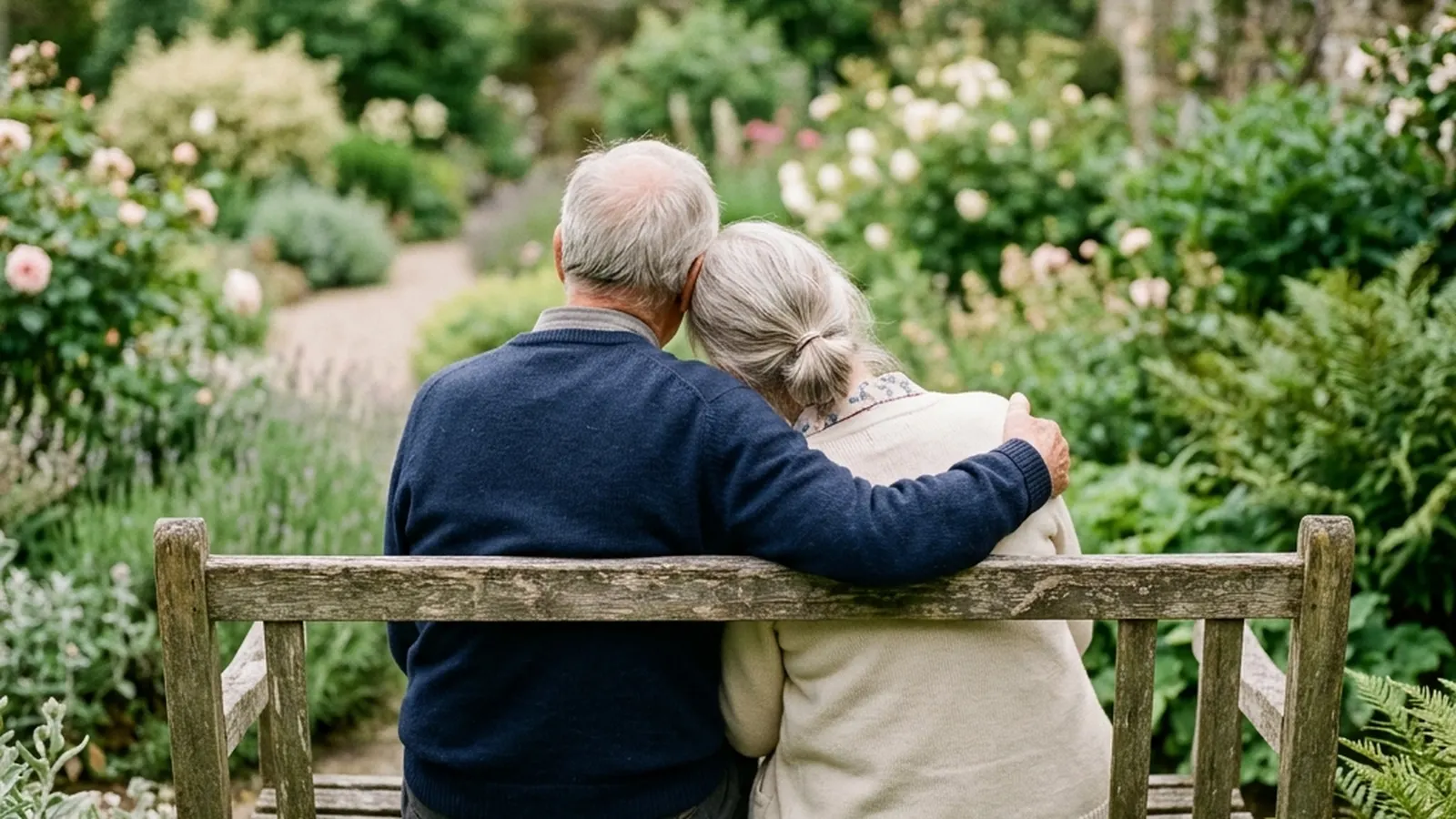 An elderly couple holding hands on a garden bench, photographed from behind in soft light.