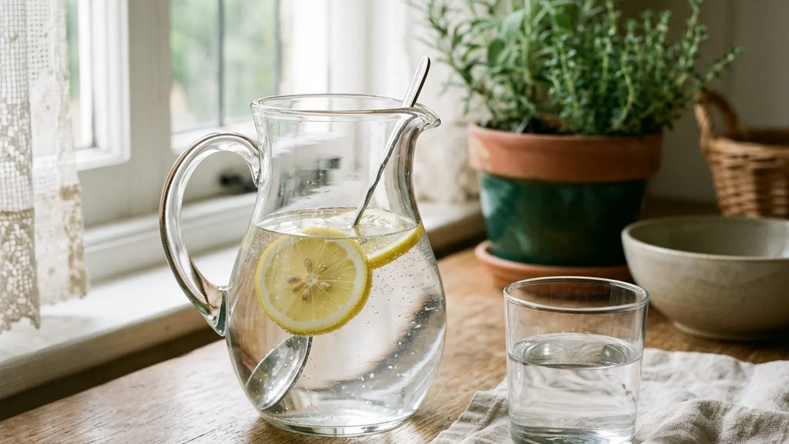 A glass pitcher of water with lemon slices on a kitchen table in calm morning light.
