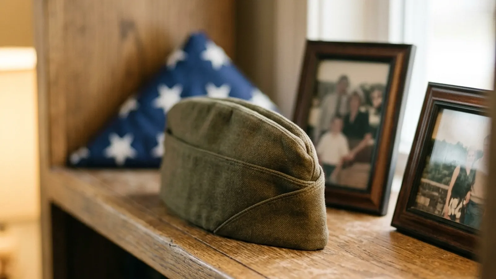 A folded olive service cap resting on a bookshelf beside framed family photographs.