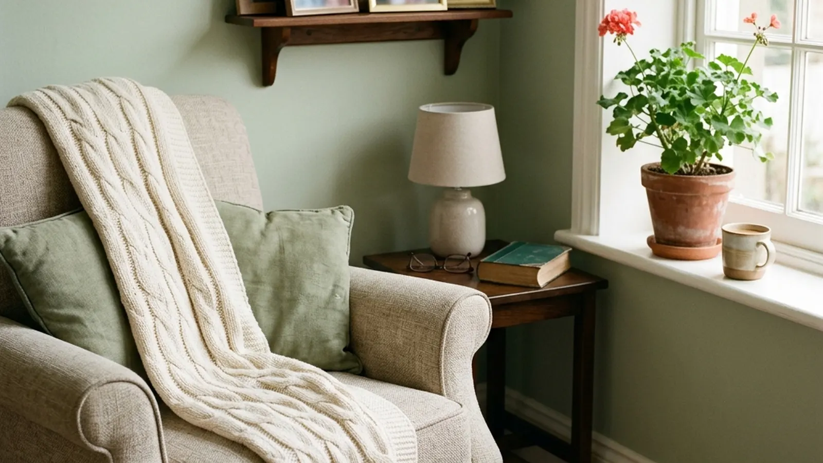 A warm resident room corner with an armchair, framed family photographs and a knitted throw.