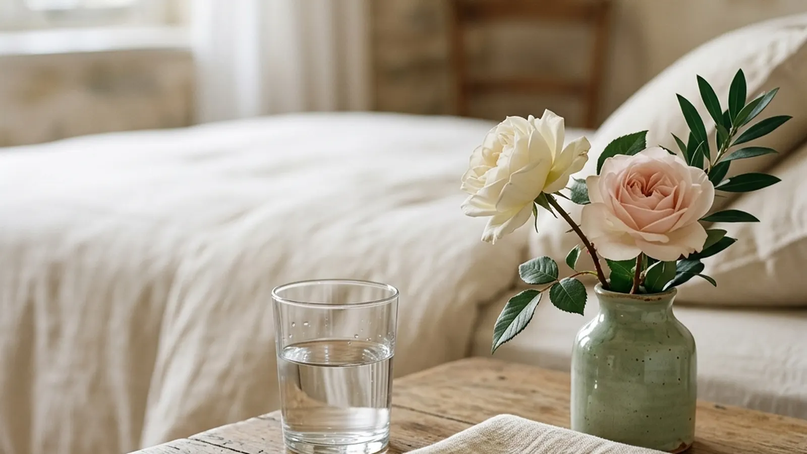 A bedside table with a glass of water, folded linen and a small vase of garden flowers in soft light.