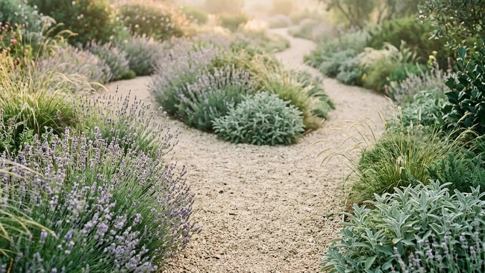 A garden path gently forking in two directions among soft greenery in warm morning light.