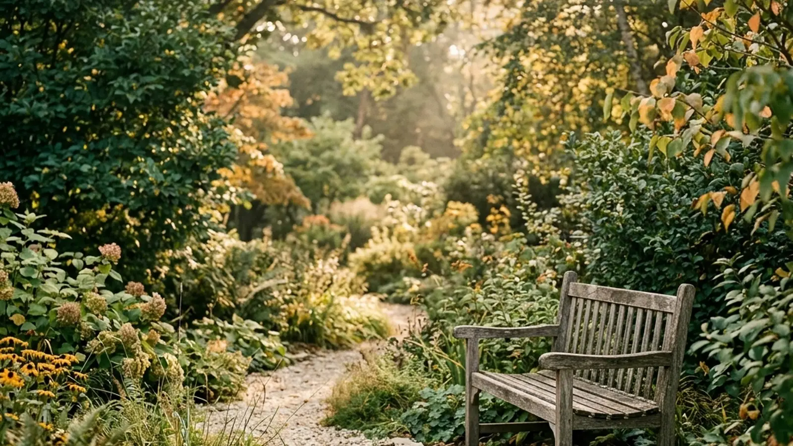 A late-summer garden with leaves just beginning to turn, in warm low light.