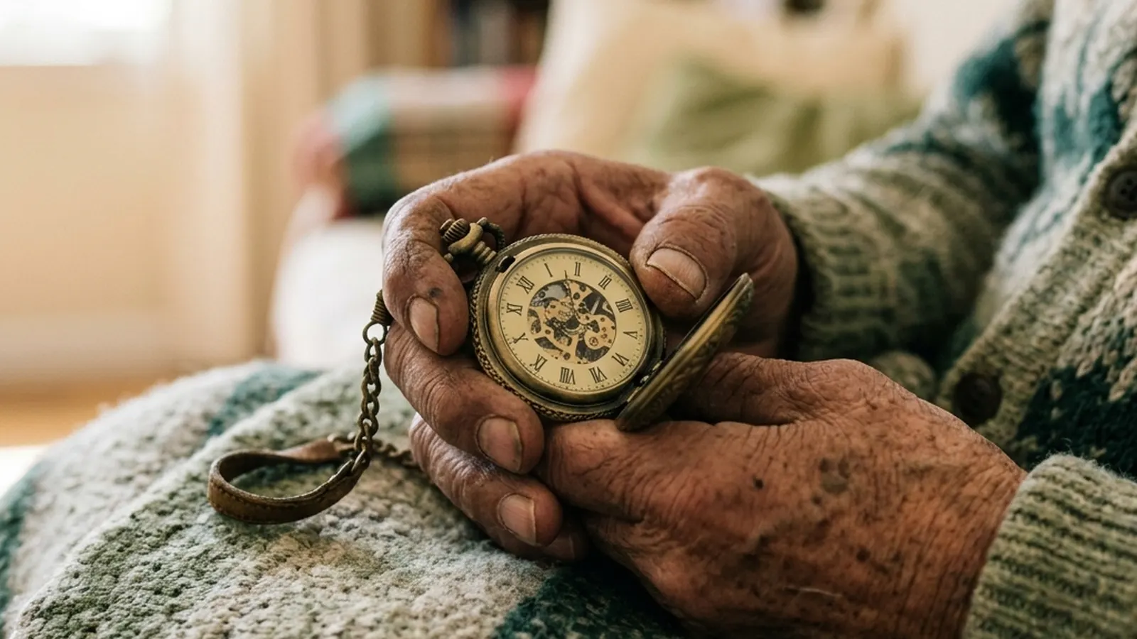 An elderly man's hands holding an open pocket watch, resting in his lap in warm window light.