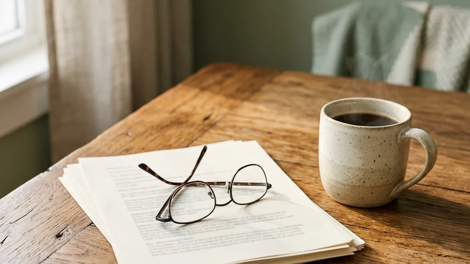 Reading glasses resting on paper documents on a warm wooden kitchen table beside a cup of coffee.