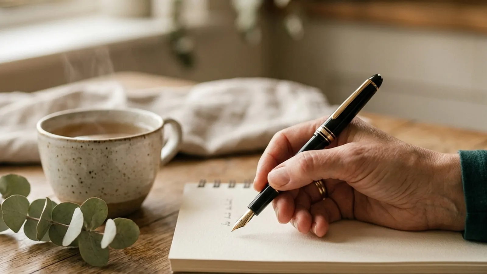 A hand holding a pen above a notepad on a kitchen table, writing blurred, beside a cup of tea.