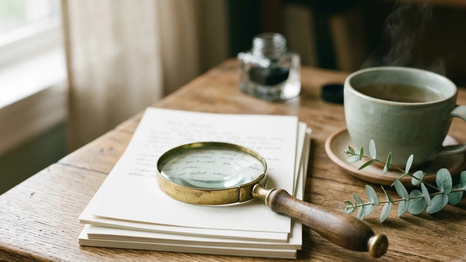 A magnifying glass resting on soft-focus papers on a warm wooden desk beside a cup of tea.