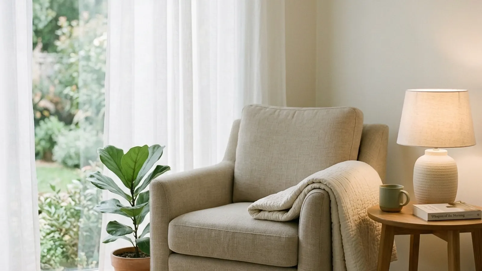 A sunlit bedroom corner at home with a comfortable armchair, folded quilt and a reading lamp.
