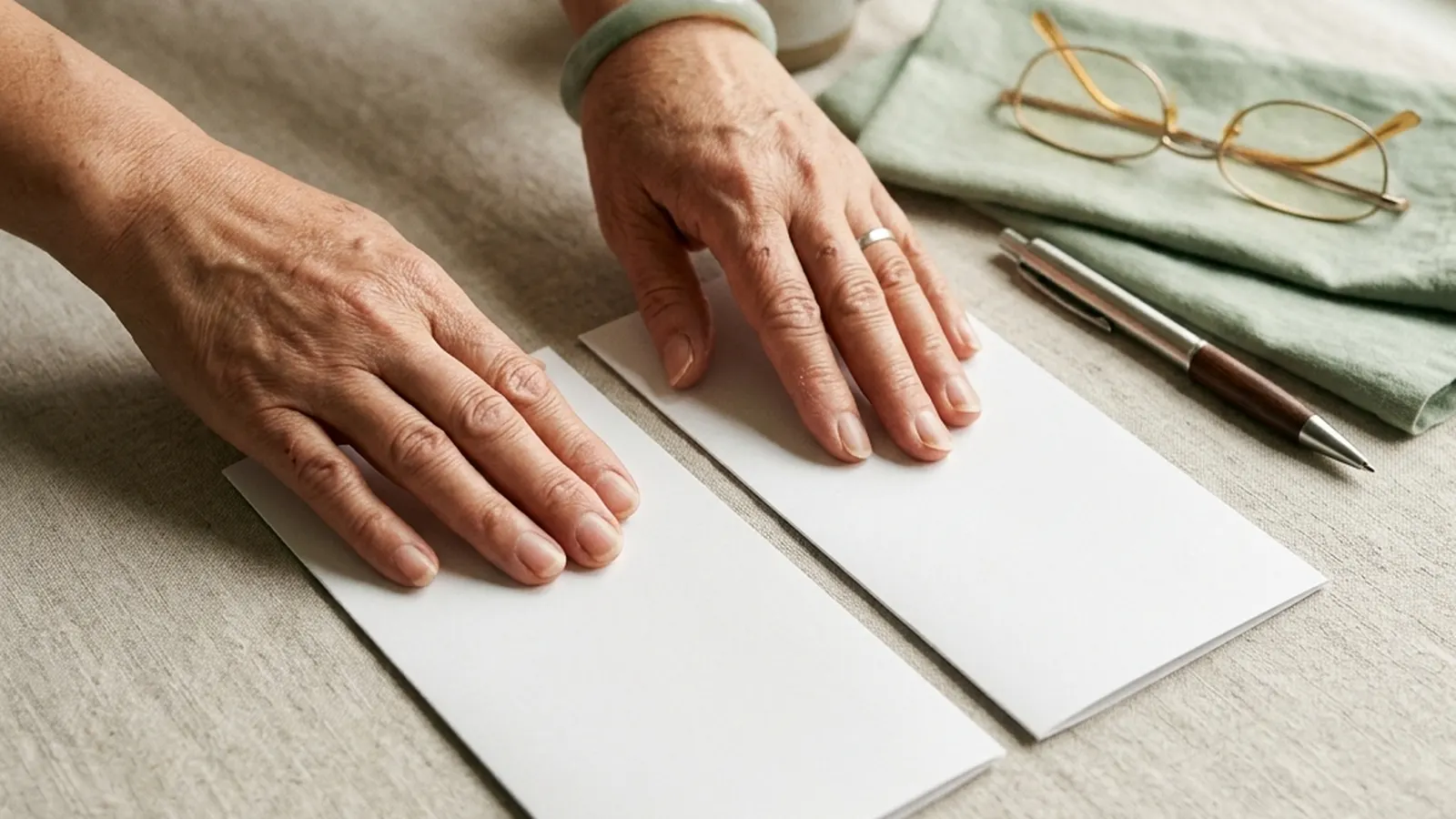 A person's hands comparing two plain brochures side by side on a table in warm light.