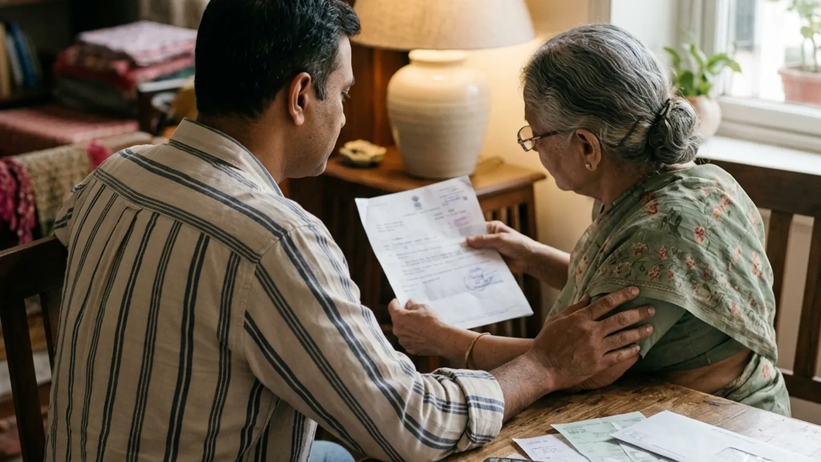 An adult son and his mother reviewing household papers together at a table, seen from behind.