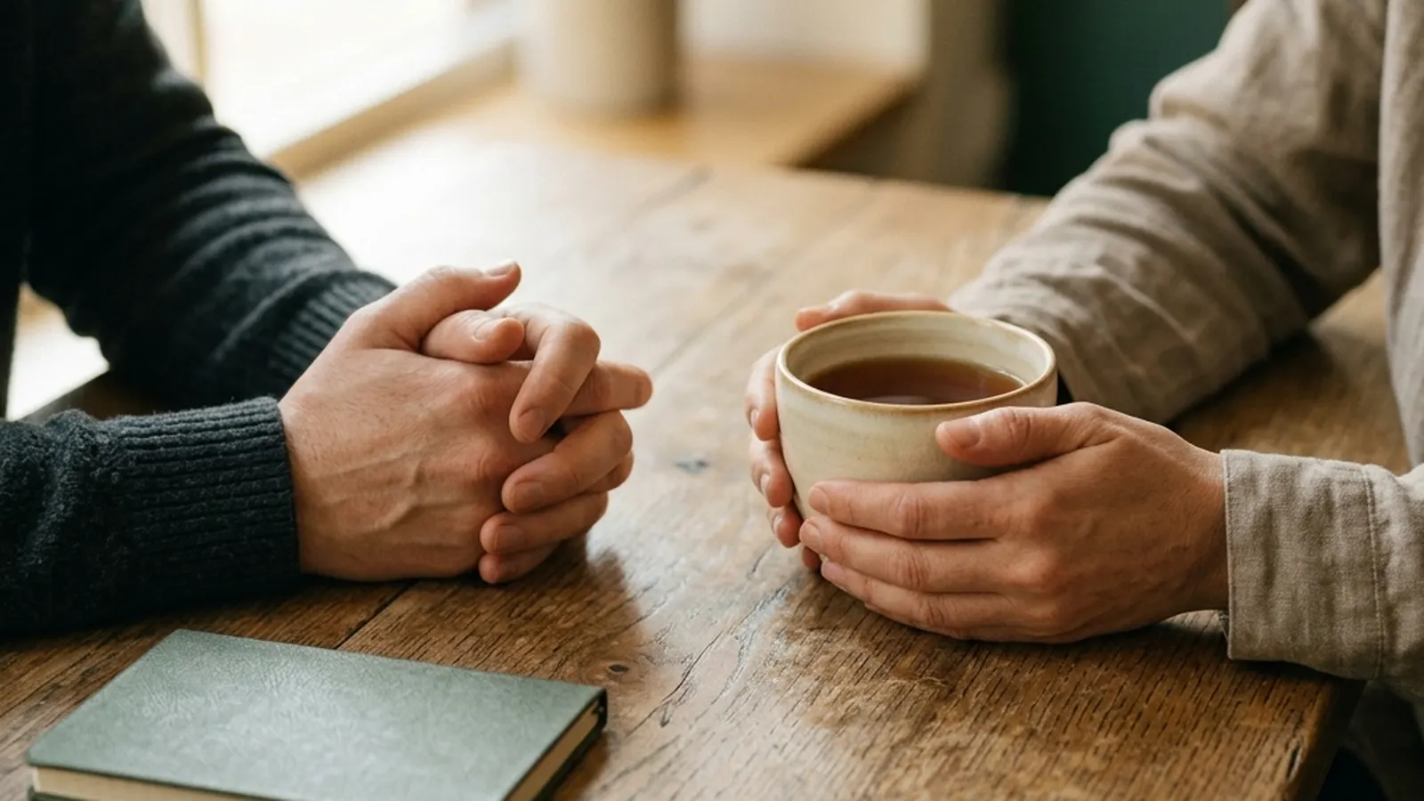 Two cups of tea on a small table between two people in conversation, hands visible, faces out of frame.