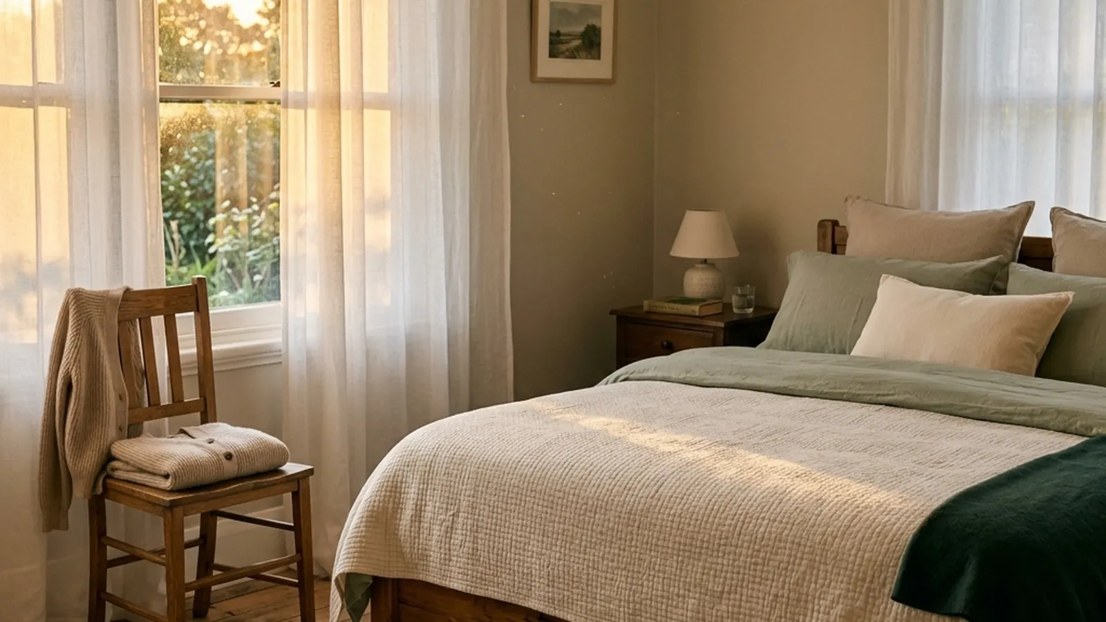 Golden late-afternoon light falling across a peaceful, empty bedroom with a neatly made quilt.