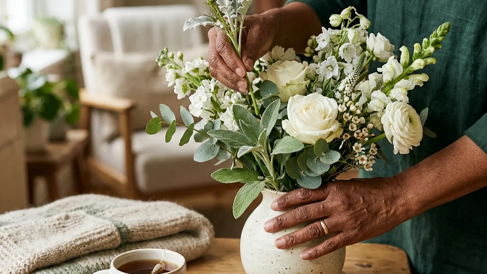 Caregiver hands arranging fresh garden flowers in a vase on a wooden side table beside a teacup.