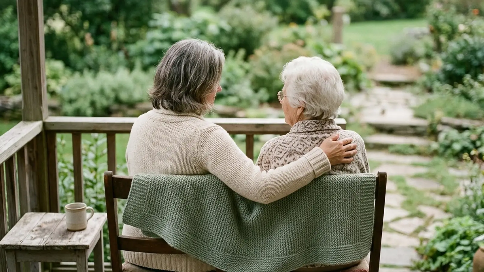 An adult daughter and her elderly mother sitting together on a sunlit porch, seen from behind, sharing a blanket in morning light.