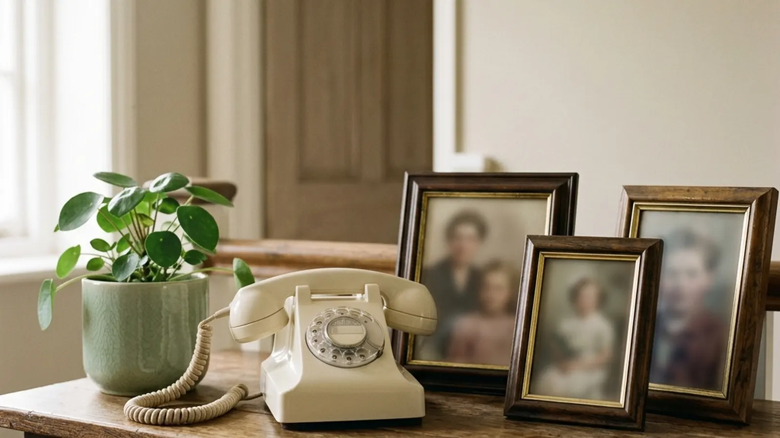 A telephone on a hallway table beside framed family photographs in soft window light.