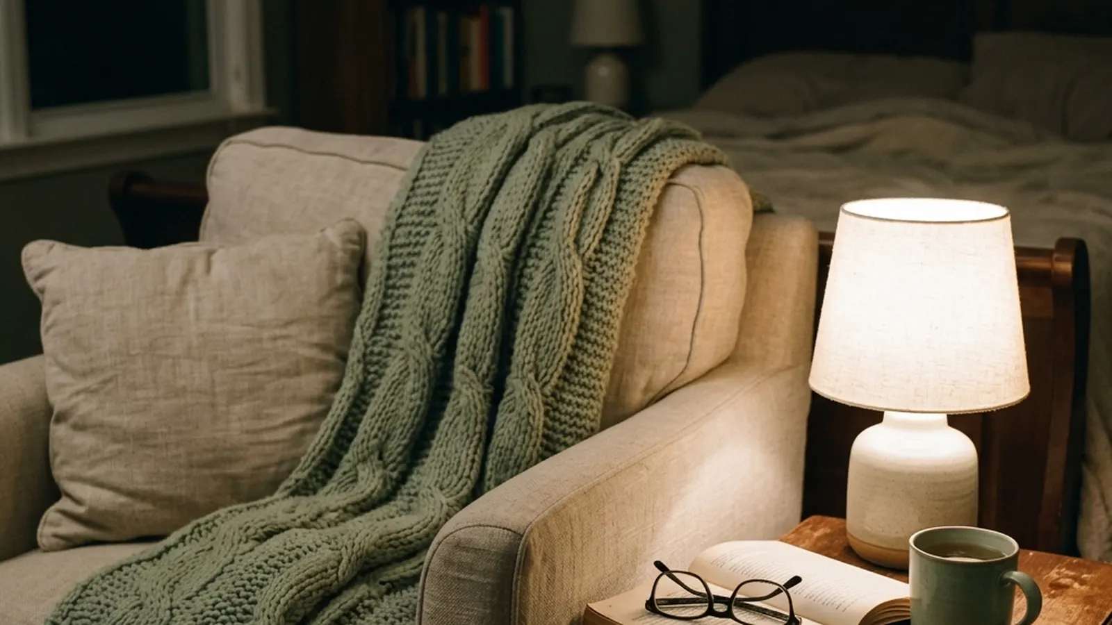 A bedside lamp glowing warmly at night beside an armchair with a knitted blanket.