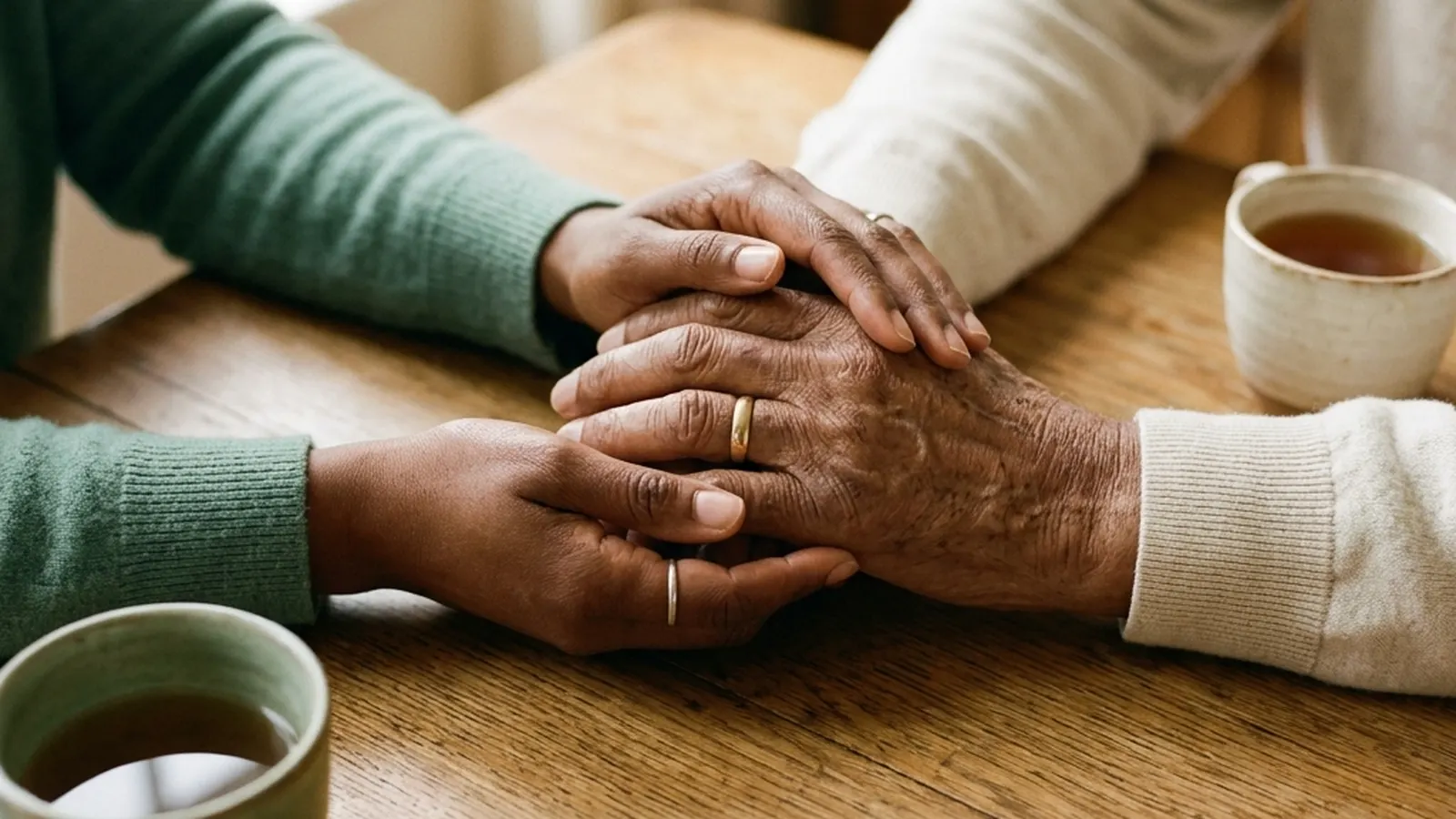 Two pairs of hands, one younger and one elderly, gently clasped across a kitchen table.