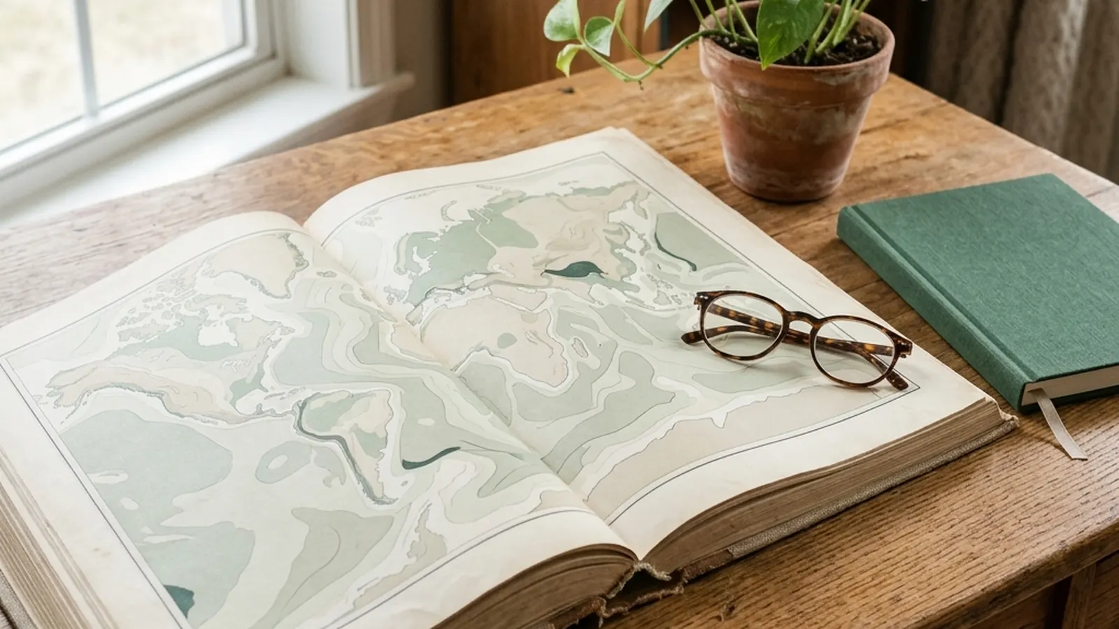 An open vintage atlas on a wooden desk with reading glasses and a small plant in morning light.